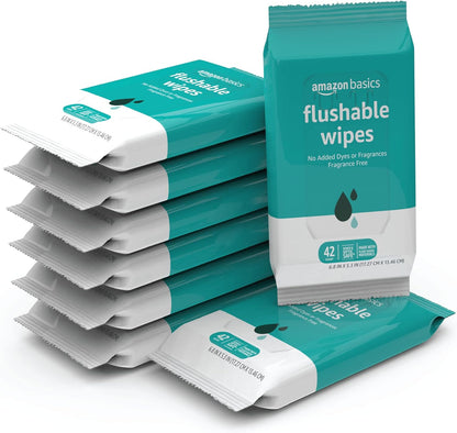 Amazon Basics Adult Wet Wipes Flushable formulated without Fragrance, 126 Count (3 Packs of 42) Packaging May Vary