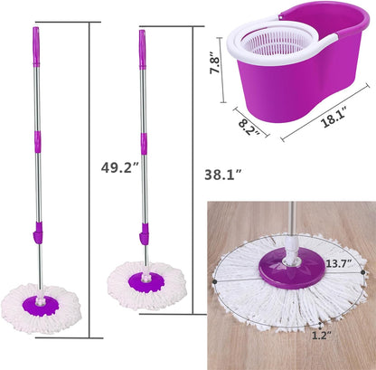Mopping, 360° Microfiber Spin Mop with Bucket and Dual Mop Heads Self Wringing Spinning Mop Telescoping Handle Easy Floor Mop Floor Cleaning System for Home Kitchen Office Purple (US Stock)