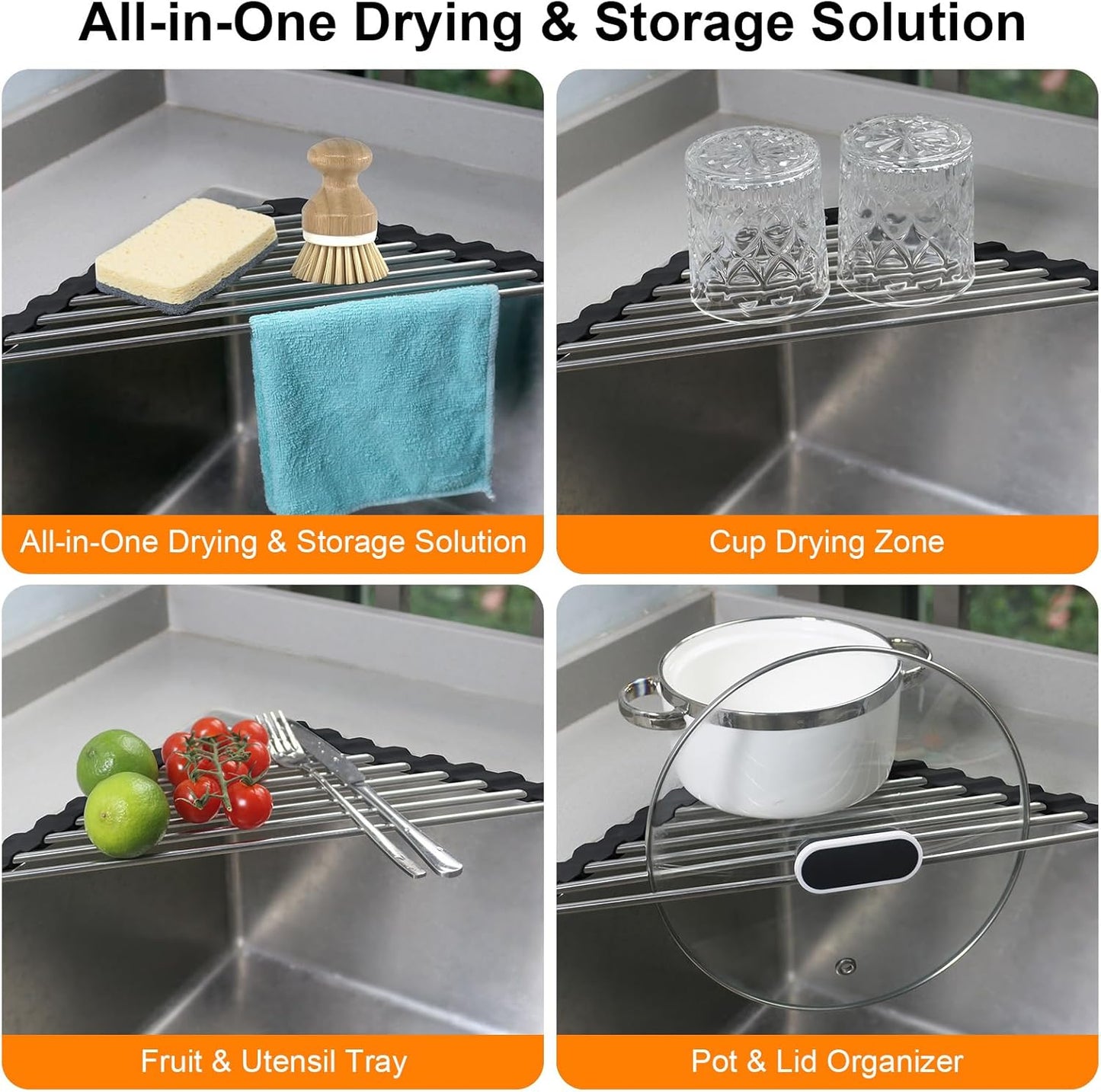 Corner Sink Caddy Triangle Dish Drying Rack for Sink Corner, Sponge Holder Roll Up Dish Drying Rack Over The Sink, Stainless Steel Kitchen Sink Organizer Drainer Mat Sponge Caddy for Counter Storage