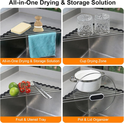 Corner Sink Caddy Triangle Dish Drying Rack for Sink Corner, Sponge Holder Roll Up Dish Drying Rack Over The Sink, Stainless Steel Kitchen Sink Organizer Drainer Mat Sponge Caddy for Counter Storage