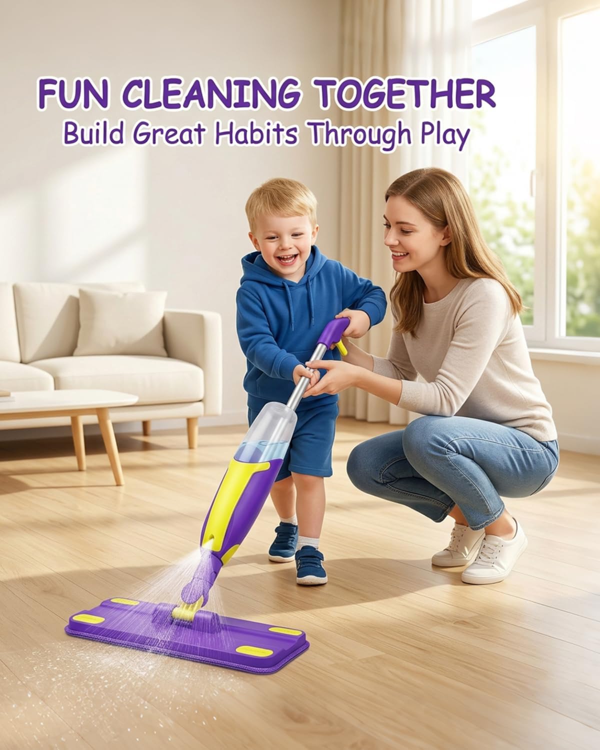 Kids Spray Mop Toddler Cleaning Set with Realistic Spray Bottle 2 Washable Pads and Scraper Montessori Pretend Play Housekeeping Toy for Boys Girls Age 1-3