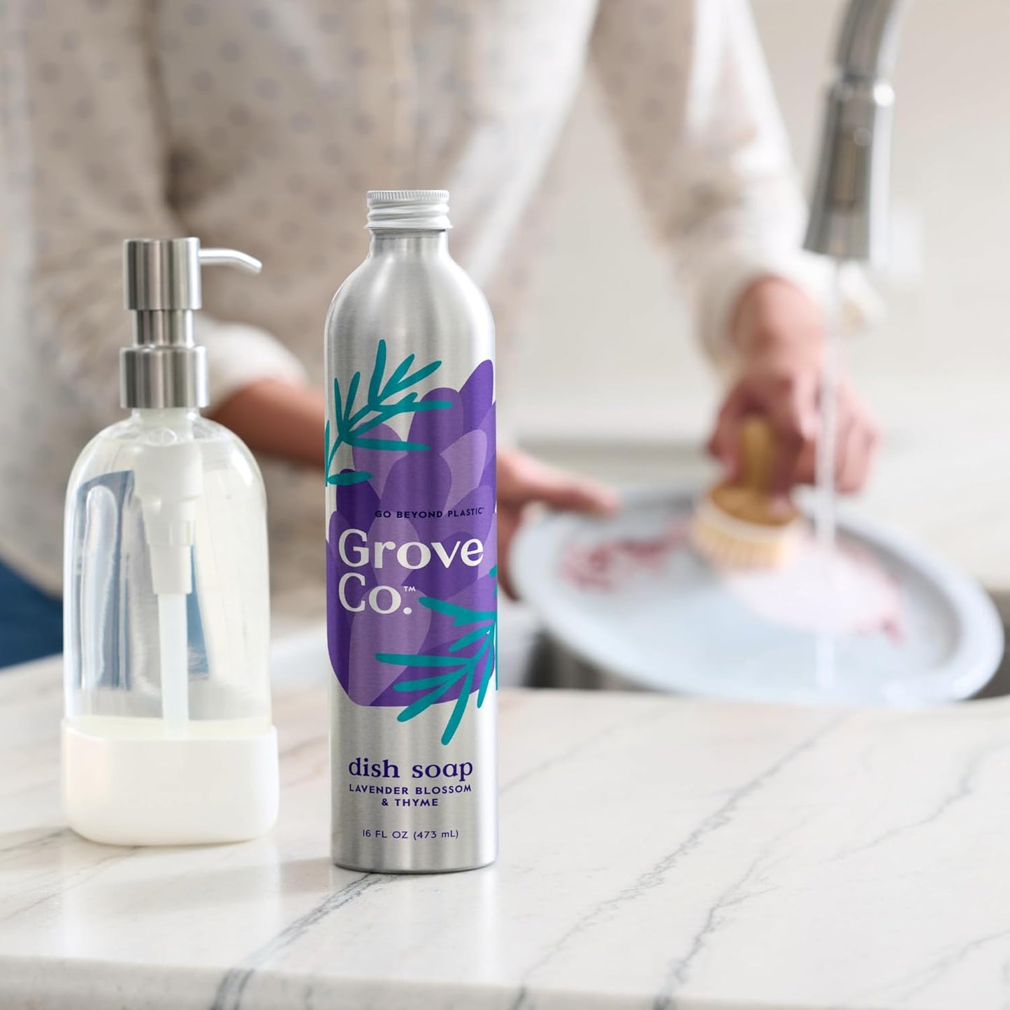 Grove Co. Ultimate Dish Soap Refills (3 x 16 Fl Oz) Removes 48-hr Stuck-on Food and Grease, Plastic Free Cleaning Products, 100% Natural Lavender Blossom & Thyme Fragrance, 1 pack