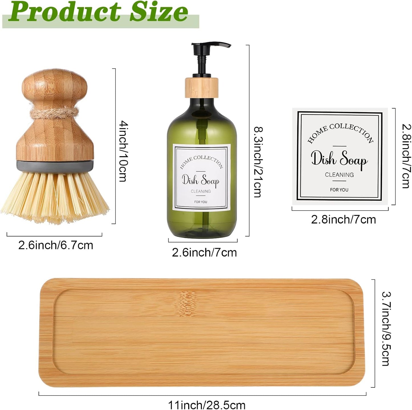 Zopeal 4 Pcs 16 oz Kitchen Soap Dispenser Set with Bamboo Tray and Dish Brush Plastic Soap Dispenser Set with Waterproof Labels for Hand Dish Lotion(Frosted Black)