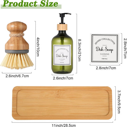 Zopeal 4 Pcs 16 oz Kitchen Soap Dispenser Set with Bamboo Tray and Dish Brush Plastic Soap Dispenser Set with Waterproof Labels for Hand Dish Lotion(Frosted Black)