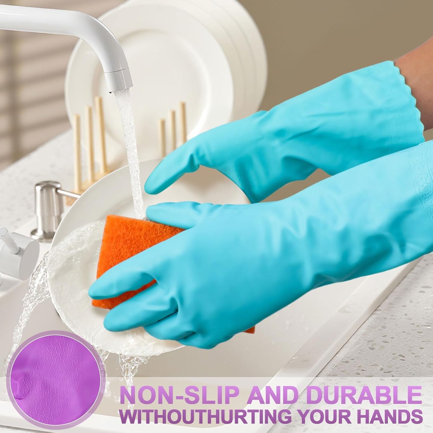 Elgood Reusable Dishwashing Cleaning Gloves with Latex free, Cotton lining,Kitchen Gloves 2 Pairs,Purple+blue Medium