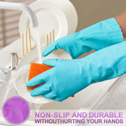 Elgood Reusable Dishwashing Cleaning Gloves with Latex free, Cotton lining,Kitchen Gloves 2 Pairs,Purple+blue Medium