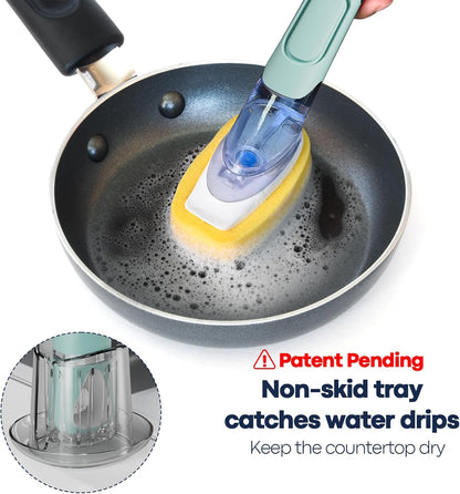Dish Brush with Soap Dispenser Storage Set with 2 PCS Brush Refills & Holder, Dish Scrubber with Soap Dispenser, Dish Soap Brush, Dish Wand with Soap Dispenser for Dishes, Pans, Sink, Pots(Green)