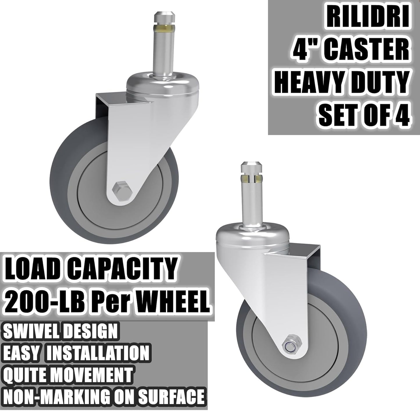 RILIDRI 3-Inch Swivel Stem Caster for Rubbermaid Mop Bucket Utility Cart, 7/16-Inch Stem Diameter Rubber Wheel Set of 4, Heavy Duty TPR Weber Grills Shop Vac Replacement Wheels