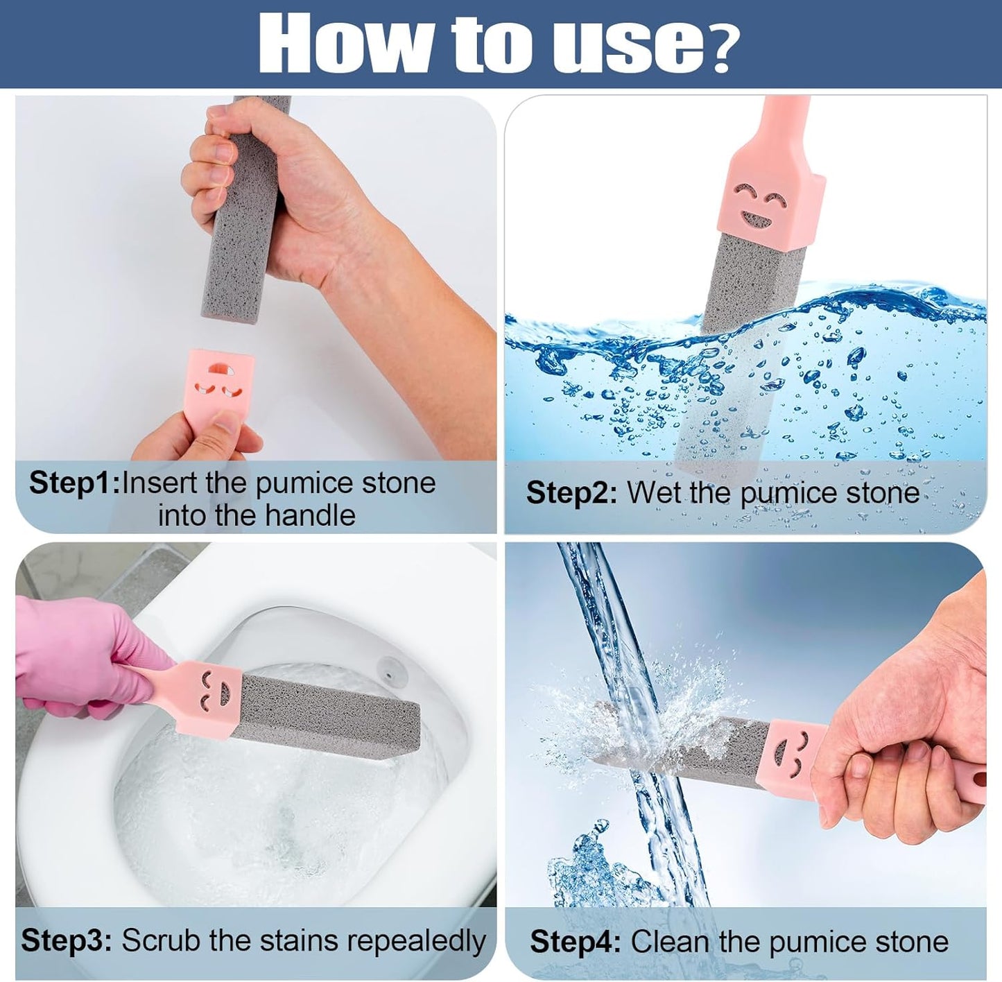 Navona 8 Pack Pumice Stone Scouring Sticks with 2 Universal Handles, Grey Pumice Stone Cleaner for Cleaning Toilets, Bathrooms, Kitchens, Spas and Pools