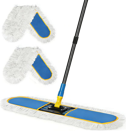 24 Inch Commercial Dust Mop,Heavy Duty Dry Wet Dust Mops Broom for Hardwood Floor, Laminate, Tile, Concrete Cleaning | 60 Extendable Handle & 2 Cotton Mop Heads | Home, Garage, Warehouse Use