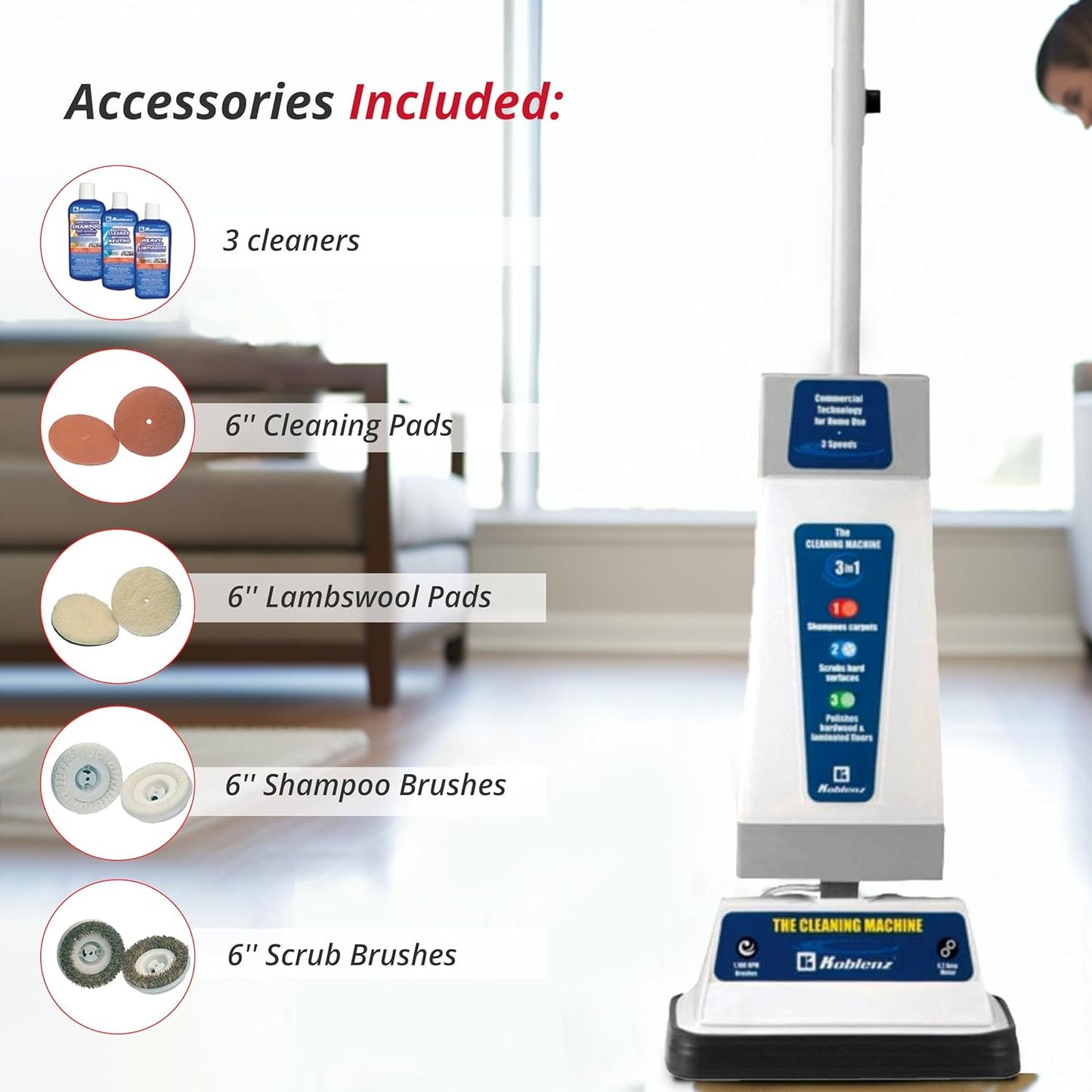 Koblenz Shampooer and Polisher Cleaning Machine, Floor Cleaner with 1100-rpm Motor, 5' Power Cord, 120-oz Tank, 2-Speed Settings, Scrubbing Brushes, Lambswool Pads, and Polishing Pads, P-820 B