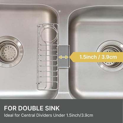 KESOL 3-in-1 Sponge Holder for Kitchen Sink, Hanging Caddy for Double Bowl Sinks, Stainless Steel Sponge with Dishcloth Holder, Brush & Soap Rack, Kitchen Sink Accessories, Silver