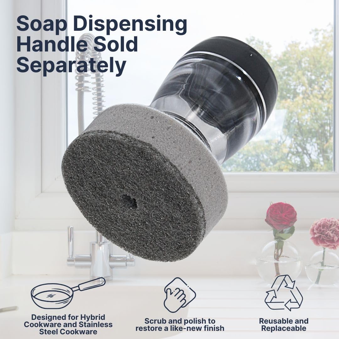Stainless Steel & Hybrid Cookware Scrub & Polisher with Soap-Dispensing Handle, Dual-Layer DuoPad & Drydock Tray. Refillable, Ergonomic, Safe for All Hybrid and Stainless Steel cookware.