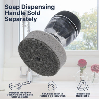 Stainless Steel & Hybrid Cookware Scrub & Polisher with Soap-Dispensing Handle, Dual-Layer DuoPad & Drydock Tray. Refillable, Ergonomic, Safe for All Hybrid and Stainless Steel cookware.
