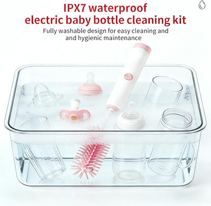 Portable Electric Silicone Bottle Brush Set, 7-in-1 UV Light USB Charging, Nipple/Straw Cleaner, Milk Mixer, Built-in Drying Rack & Storage Case, BPA-Free, IPX7, On-the-Go for New Parents (Mint)
