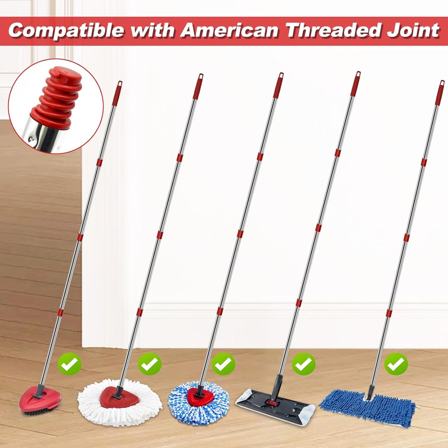 4 Part Stainless Steel Spin Mop Handles, Mop Base & Upgrade Scrub Brush Combo for Ocedar EasyWring 1 Tank Spin Mop System, Mop Handle Mop Base & Brush Set for O Cedar Mop, Universal Thin Screw Joints