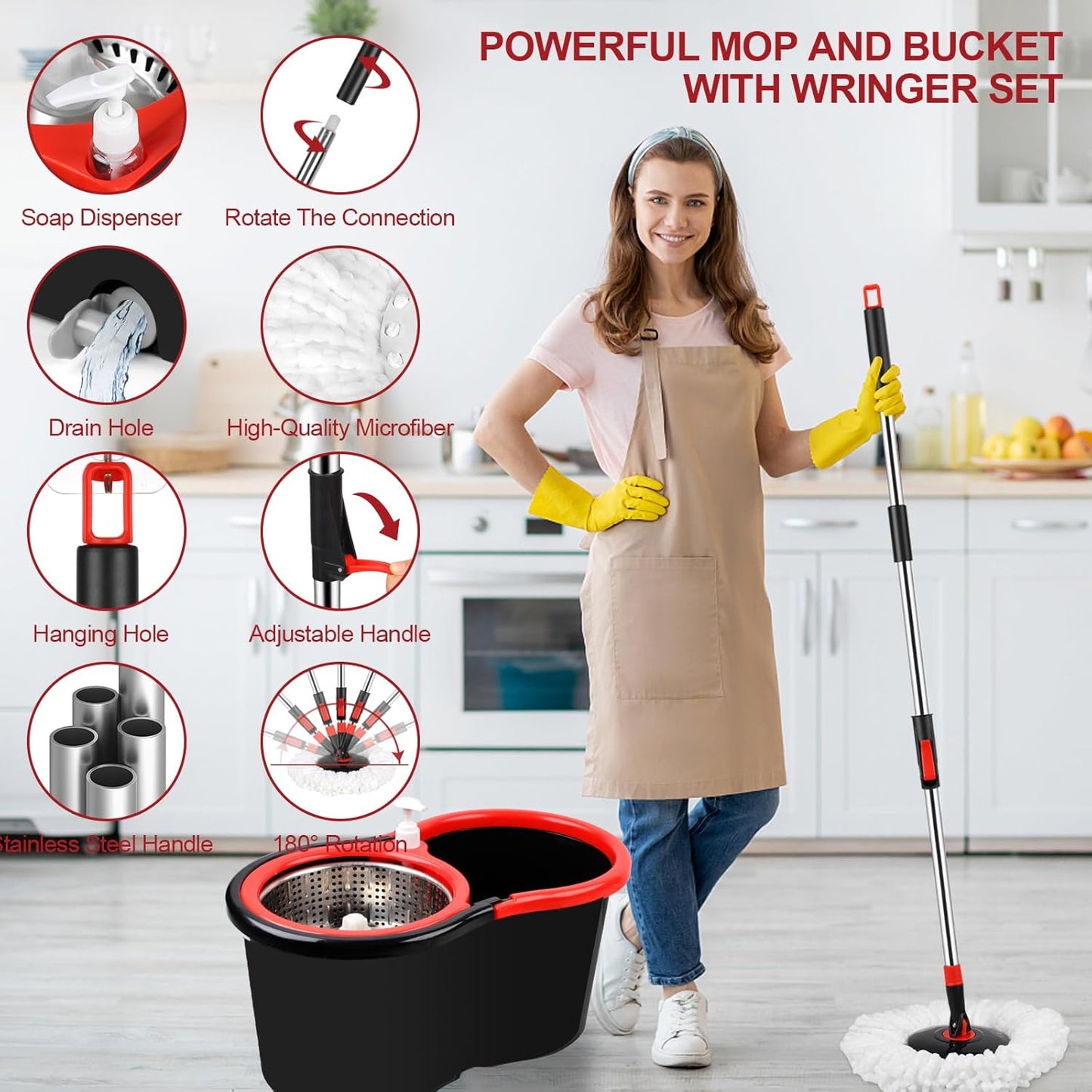 Spin Mop and Bucket with Wringer Set, 360° Spinning Mop Bucket System with 3 Microfiber Mop Replacement Heads, Adjustable Handle for Floor Cleaning (red)