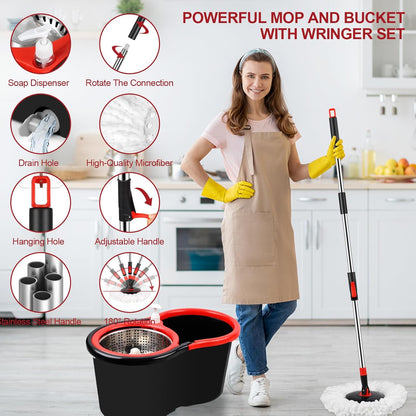 Spin Mop and Bucket with Wringer Set, 360° Spinning Mop Bucket System with 3 Microfiber Mop Replacement Heads, Adjustable Handle for Floor Cleaning (red)