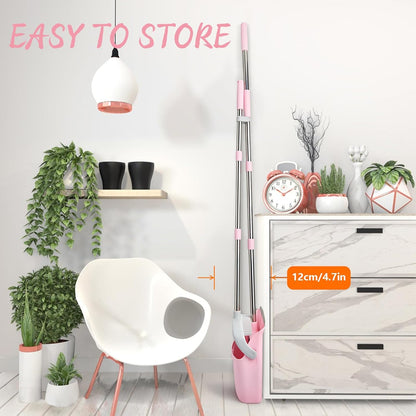 Broom and Dustpan Combo Set, Long Handle and Standing Dust Pan with Comb Teeth, Efficient Floor Cleaning for Kitchen, Outdoor, Dorm, Apartment, Office Lobby (Pink Gray)