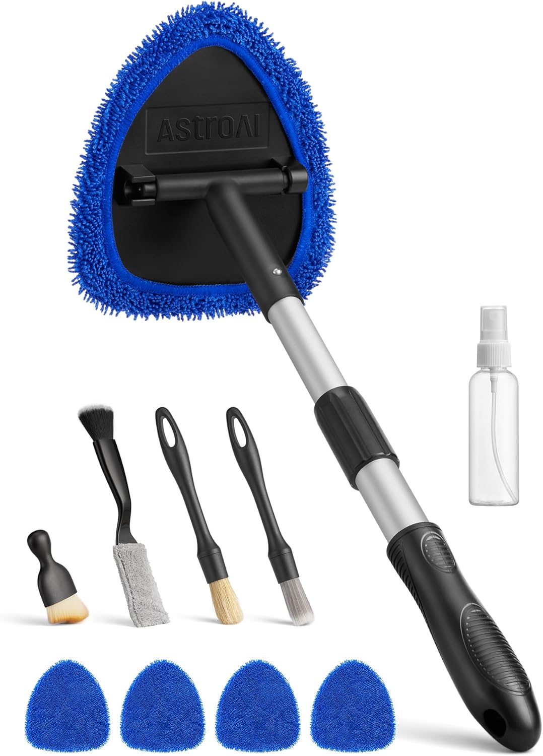 AstroAI Car Windshield Cleaner Tool, Window Cleaning Kit with 39in Car Mirror Squeegee, 4 Reusable Microfiber Pads and Extendable Handle, Blue