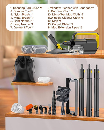 10-in-1 Steam Mop with Detachable Handheld Steamer, 350ml Tank, 10s Heat-Up, 248°F Steam Cleaner, 3-Level Control and Swivel Head for Floors, Carpets, Tiles, BBQ grill Multi-Surface Clean White