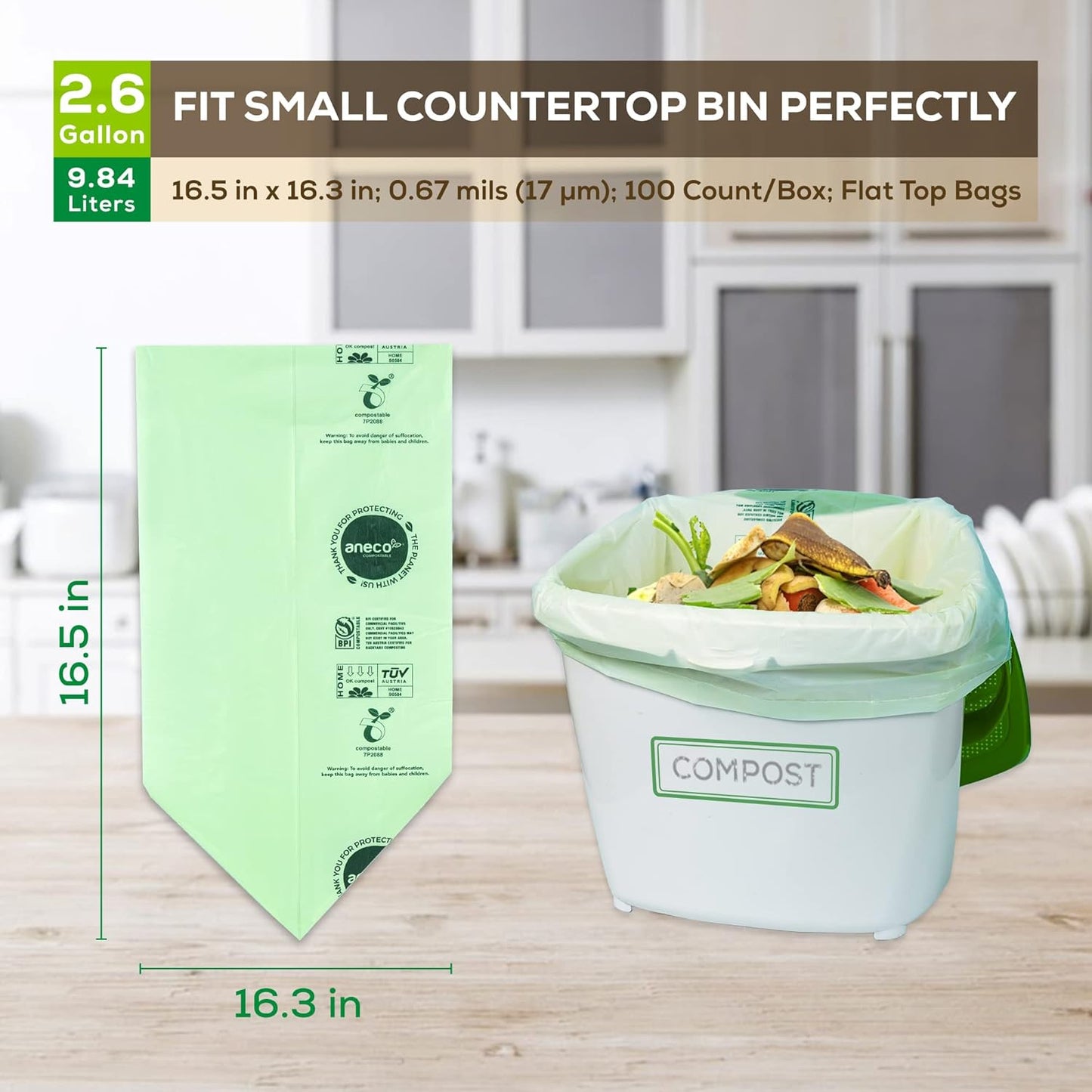 (Include 10 Bonus Bags) ANECO 100% Compostable Waste Bags 2.6 Gallon, Extra Thick Kitchen Small Compost Bags for Countertop Bin, 110 Count (100 + 10 Extra)