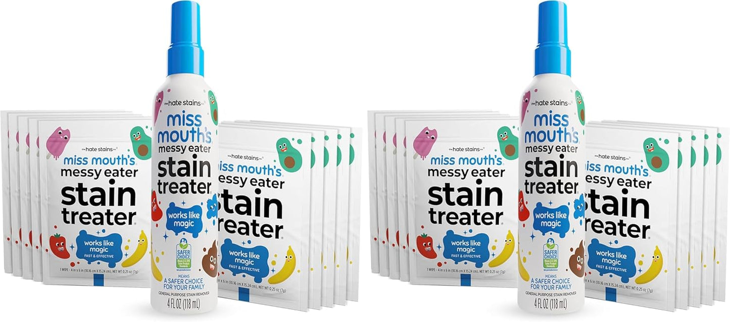 Miss Mouth's Messy Eater Stain Treater Spray - 4oz & 10 Wipes Stain Remover - Newborn & Baby Essentials - No Dry Cleaning Food, Grease, Coffee Off Laundry, Underwear, Fabric