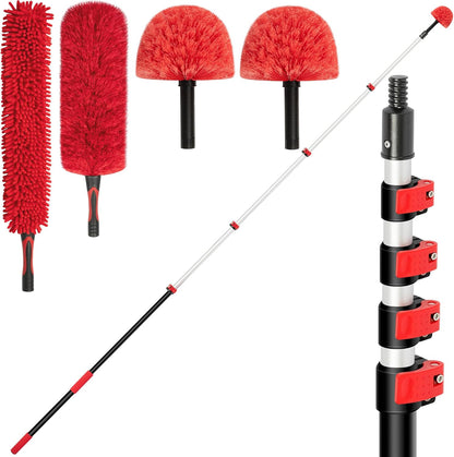 5-12 FT Extension Pole with 2 Outdoor Cobweb Brushes, 20 FT High Reach Ceiling Fan Cleaner Duster for Home, 12 FT Extendable Pole with 4 Pcs Dusting Tools, Cubweb Dusters, Feather Dusters, Fan Duster