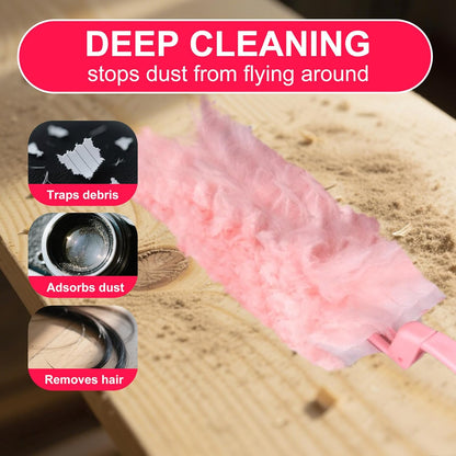 ITTAR 30 Count Duster Refill kit, Dust Cleaning Supplies with Extension Pole, Fan Feather Dusters with 2 Types Handle for Cleaning Home, Celling Fan, Blinds, Furniture, Vent & Shelves-Pink