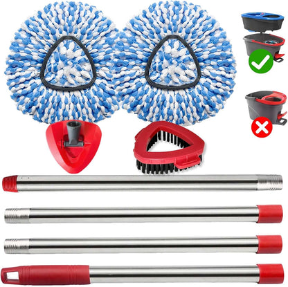 Spin Mop Replace Heads for O Cedar Rinse Clean 2 Tank System, Spin Mop Replacement Head 4 Microfiber Mop Refills, 1 Triangle Head Cover and 30-58in Handle 1 1Scrub Brush