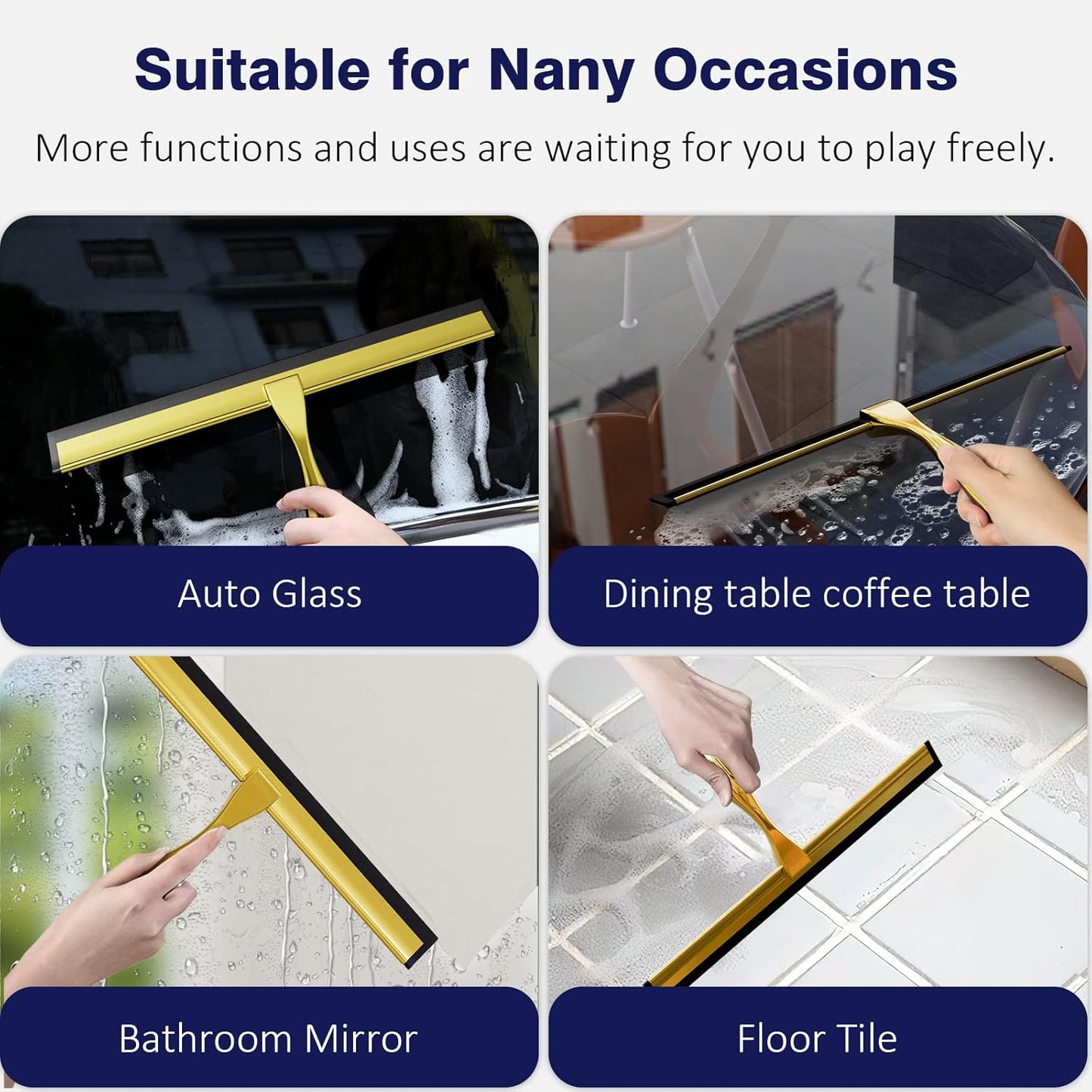 TOOVEM 14 Inch Shower Squeegee for Glass Doors, Window, Bathroom, Car Windshield, Shower Cleaning Tools with S Hook, Square Sticky Hook (Silver)