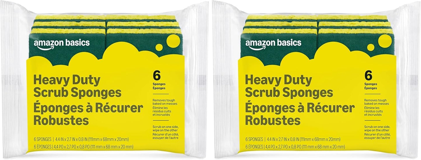 Amazon Basics Heavy Duty Dual-Sided Scrub Sponges, Reusable, 4.4 x 2.7 x 0.8 in, Yellow/Green, 6-Pack