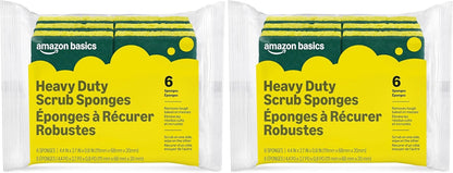 Amazon Basics Heavy Duty Dual-Sided Scrub Sponges, Reusable, 4.4 x 2.7 x 0.8 in, Yellow/Green, 6-Pack