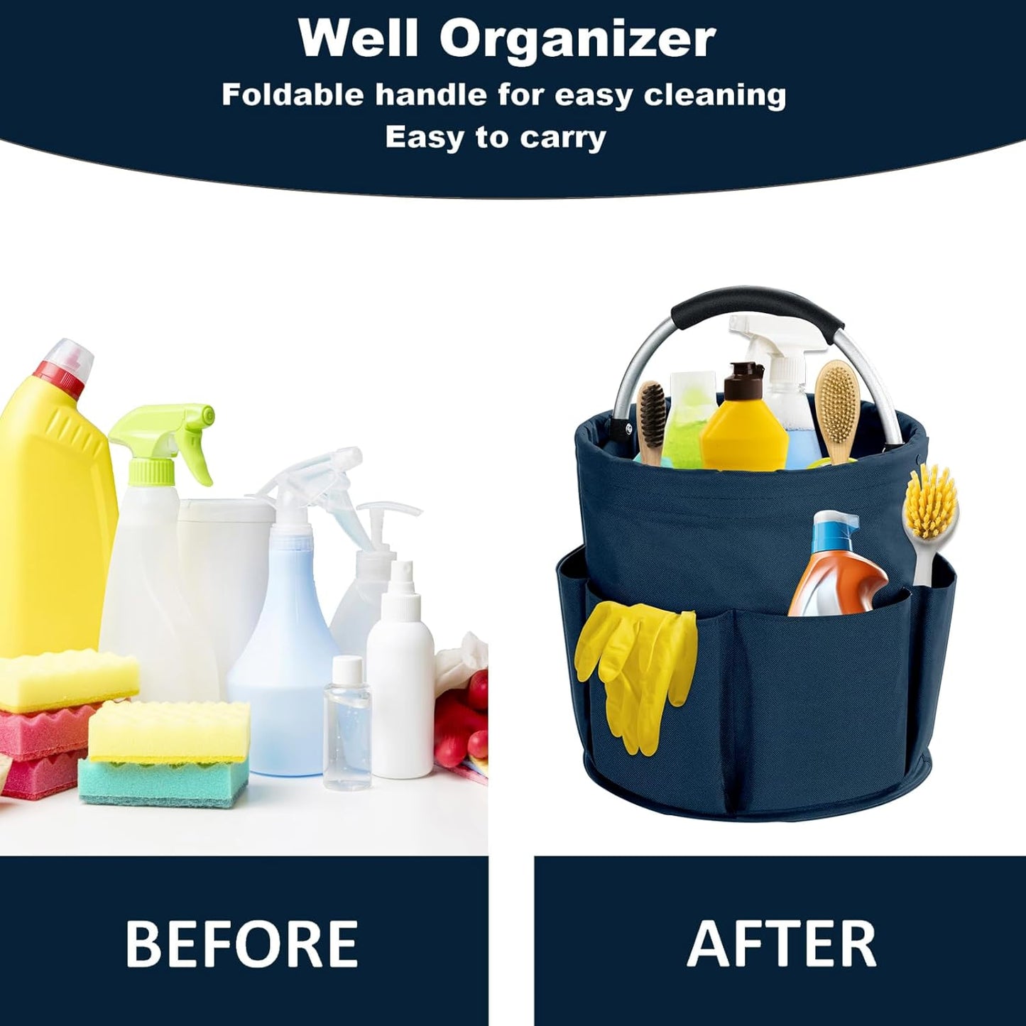 17L Cleaning Caddy with Handle, Cleaning Supplies Organizer, Foldable Storage Basket, Cleaning Supply Caddy, Portable Multi Cleaning Bucket Bag for Home, Garden (Pink)