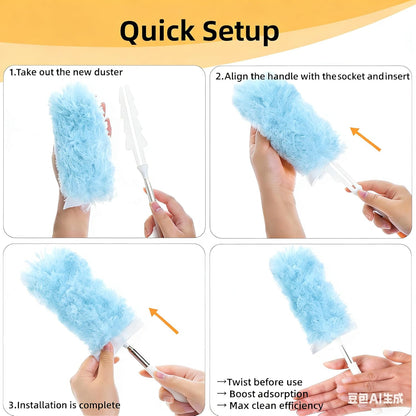Heavy Duty Duster Refills, Disposable Dusters Kit for Cleaning Dusting Furniture Blind Ceiling Fan, Multi Surface 360 Feather Duster(10)+3FT Extended Handle（1） (Navy Blue)