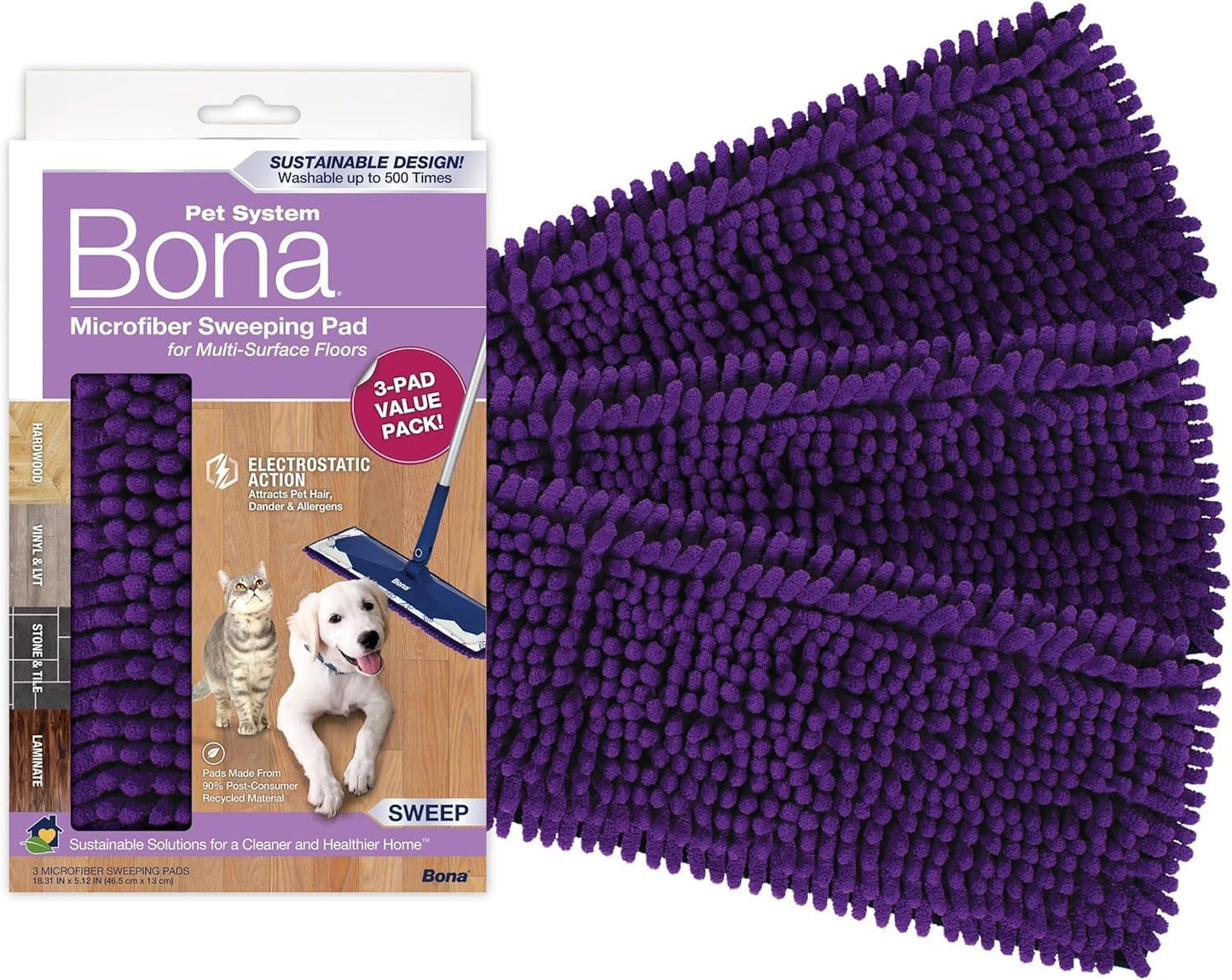 Bona Mop Microfiber Cleaning Pad for Hardwood & Hard Surface Floors - Value 3-Pack - For Use With Bona Mops - Dual Zone Cleaning