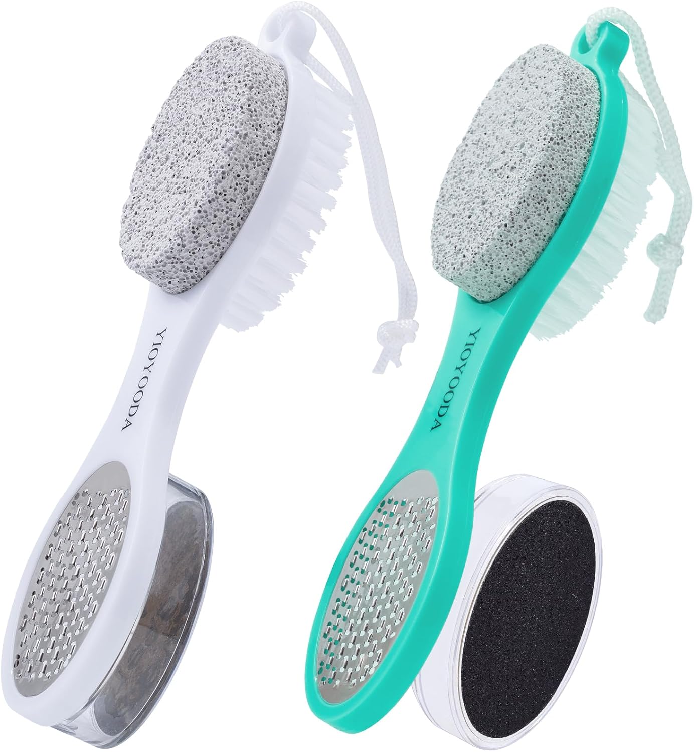 Foot File Callus Remover 5-in-1, 2 Pcs Feet Scraper Pedicure Tools with Pumice Stone, Scrubber Brush, Stainless Steel Foot Rasp and Sand Paper Debris Catcher, Multi Purpose, Cyan