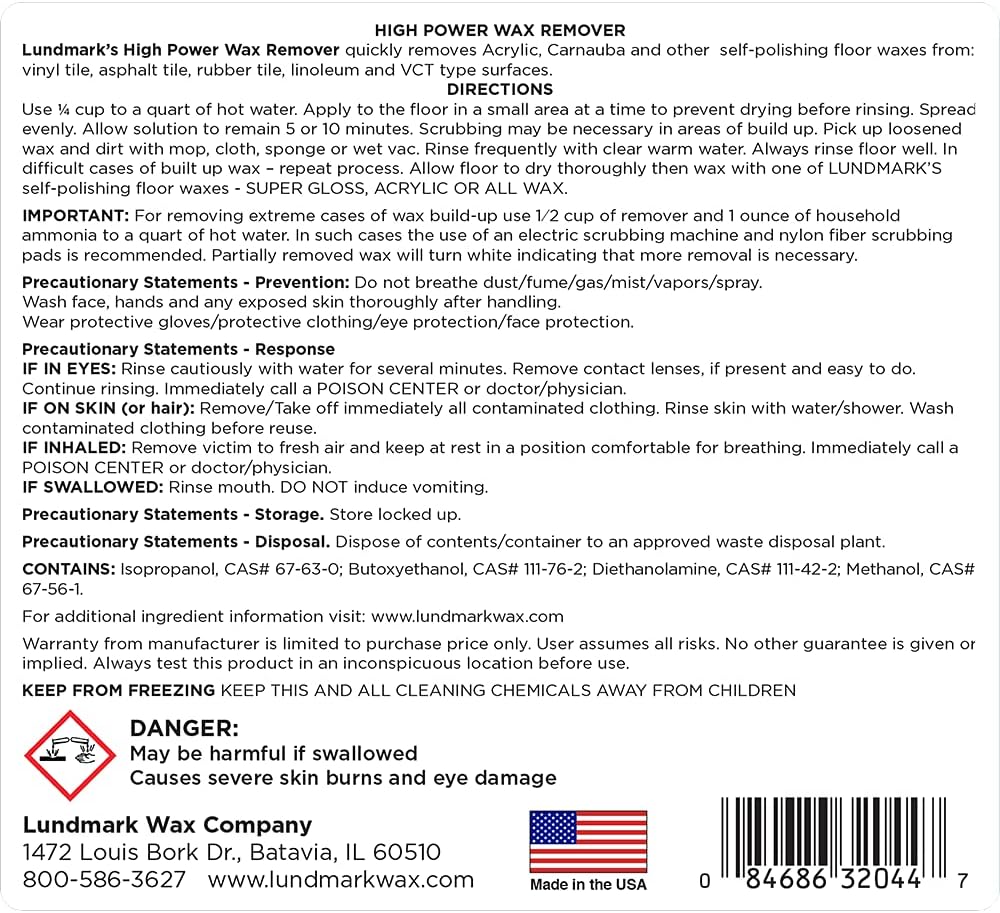 Lundmark High Power Wax Remover, Commercial Strength Floor Wax Stripper, 32-Ounce, 3204F32-6, Clear (LUN-3204F32-6)