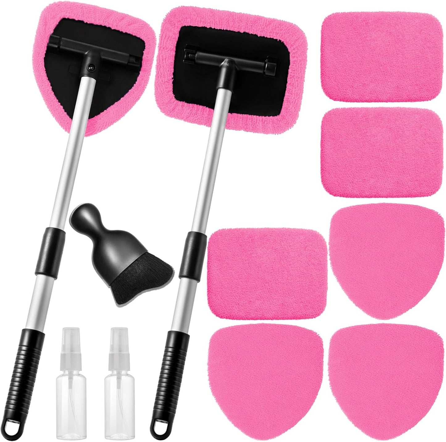 Qydipclin 11pcs Windshield Cleaner Tool, Car Window Cleaning Wash Kit with 6 Reusable Microfiber Pads 2 Spray Bottles and Extendable Handles Auto Glass Wiper Kit, Blue
