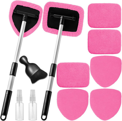 Qydipclin 11pcs Windshield Cleaner Tool, Car Window Cleaning Wash Kit with 6 Reusable Microfiber Pads 2 Spray Bottles and Extendable Handles Auto Glass Wiper Kit, Blue