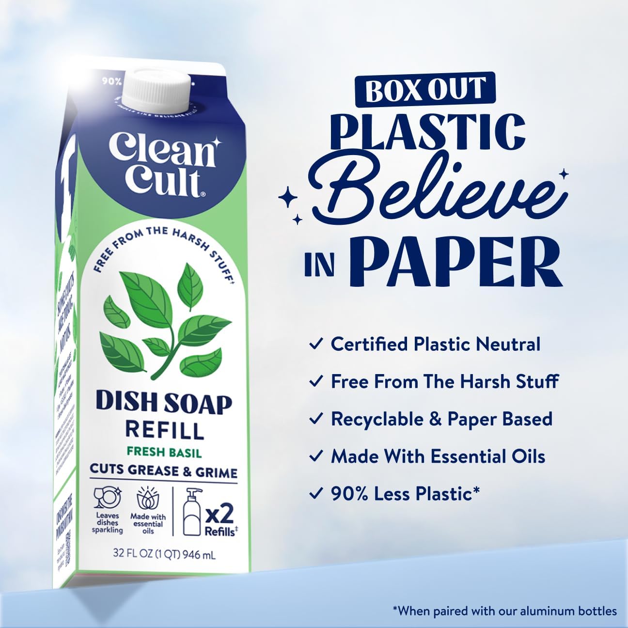 Cleancult Dish Soap Liquid Refill (32oz, 3 Pack) - Plant Based Cleaning Power - Dish Soap that Cuts Grease & Grime - Free of Harsh Chemicals - Uses 90% Less Plastic - Fresh Rain