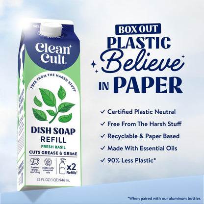 Cleancult Dish Soap Liquid Refill (32oz, 3 Pack) - Plant Based Cleaning Power - Dish Soap that Cuts Grease & Grime - Free of Harsh Chemicals - Uses 90% Less Plastic - Fresh Rain