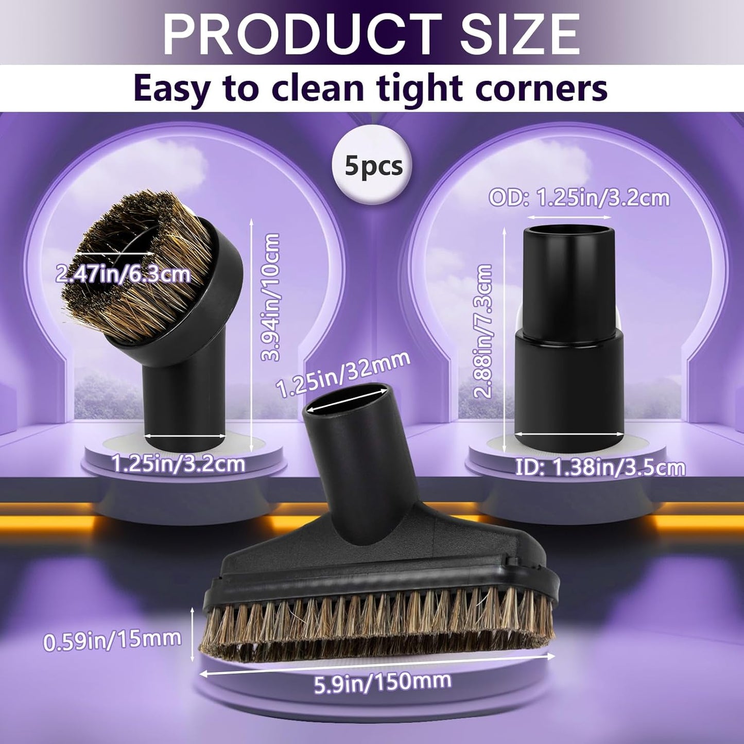 3PCS Horse Hair Brush Vacuum Attachment Set - Black Round Horse Hair Vacuum Attachments & Brushes - Shop Vac Brush Attachment for Most Vacuum Cleaners Accessories - 1 1/4" Vacuum Attachments Included