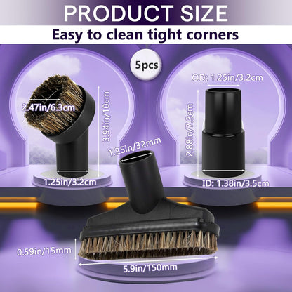 3PCS Horse Hair Brush Vacuum Attachment Set - Black Round Horse Hair Vacuum Attachments & Brushes - Shop Vac Brush Attachment for Most Vacuum Cleaners Accessories - 1 1/4" Vacuum Attachments Included