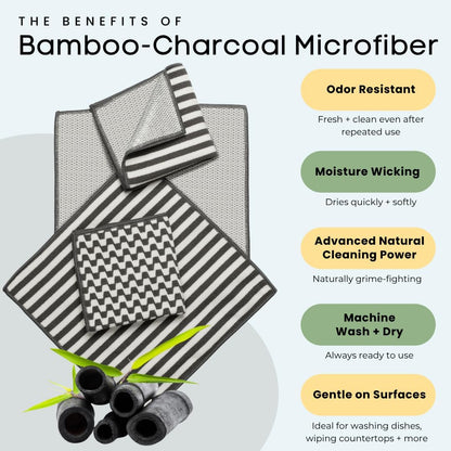 Severn Dish Cloths for Washing Dishes 4pk. Odor-Resistant Dish Rags with Non-Scratch Wire Scrubber Side for Kitchen Cleaning. Grime-Fighting Bamboo-Charcoal Microfiber 2-Sided Dishrags. Machine Wash