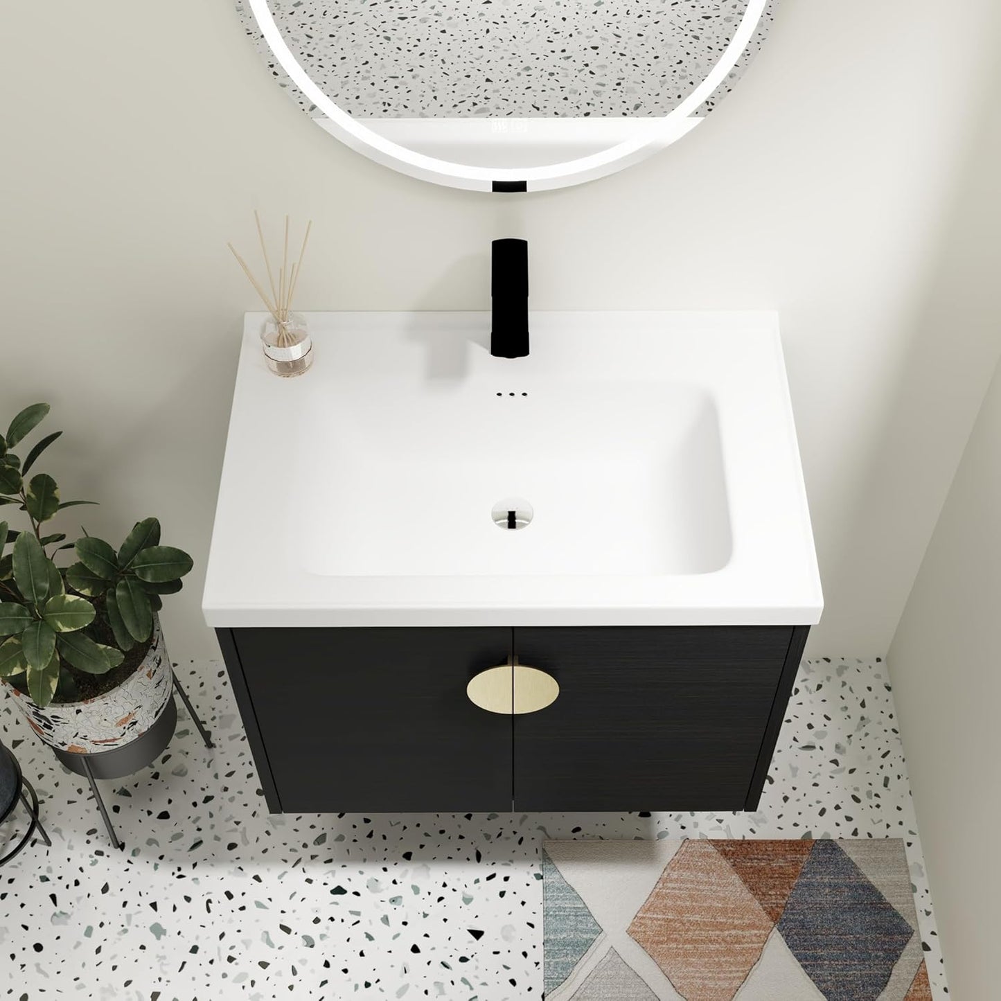 SSLine Modern 24-Inch Bathroom Vanity with Sink Wall Mounted Bathroom Vanity with Top Basin & Storage Cabinet White Wood Floating Vanity w/Ceramic Sink & Gold/Black Handles for Small Space