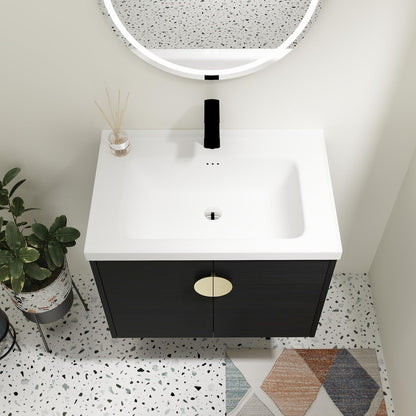 SSLine Modern 24-Inch Bathroom Vanity with Sink Wall Mounted Bathroom Vanity with Top Basin & Storage Cabinet White Wood Floating Vanity w/Ceramic Sink & Gold/Black Handles for Small Space