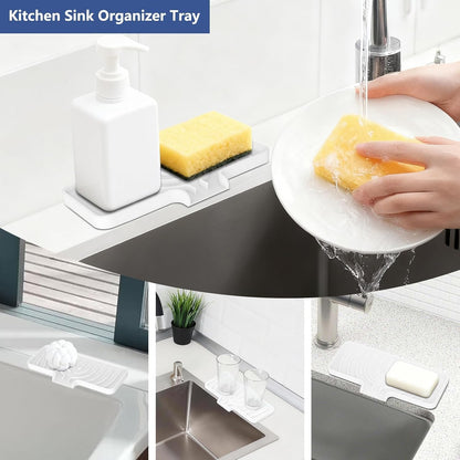 JACZZO Silicone Sponge Holder for Kitchen Sink With Drain Spout, Self Draining, Kitchen Soap Tray, Bathroom Organizer, Sink Caddy (Grey, 10×4)