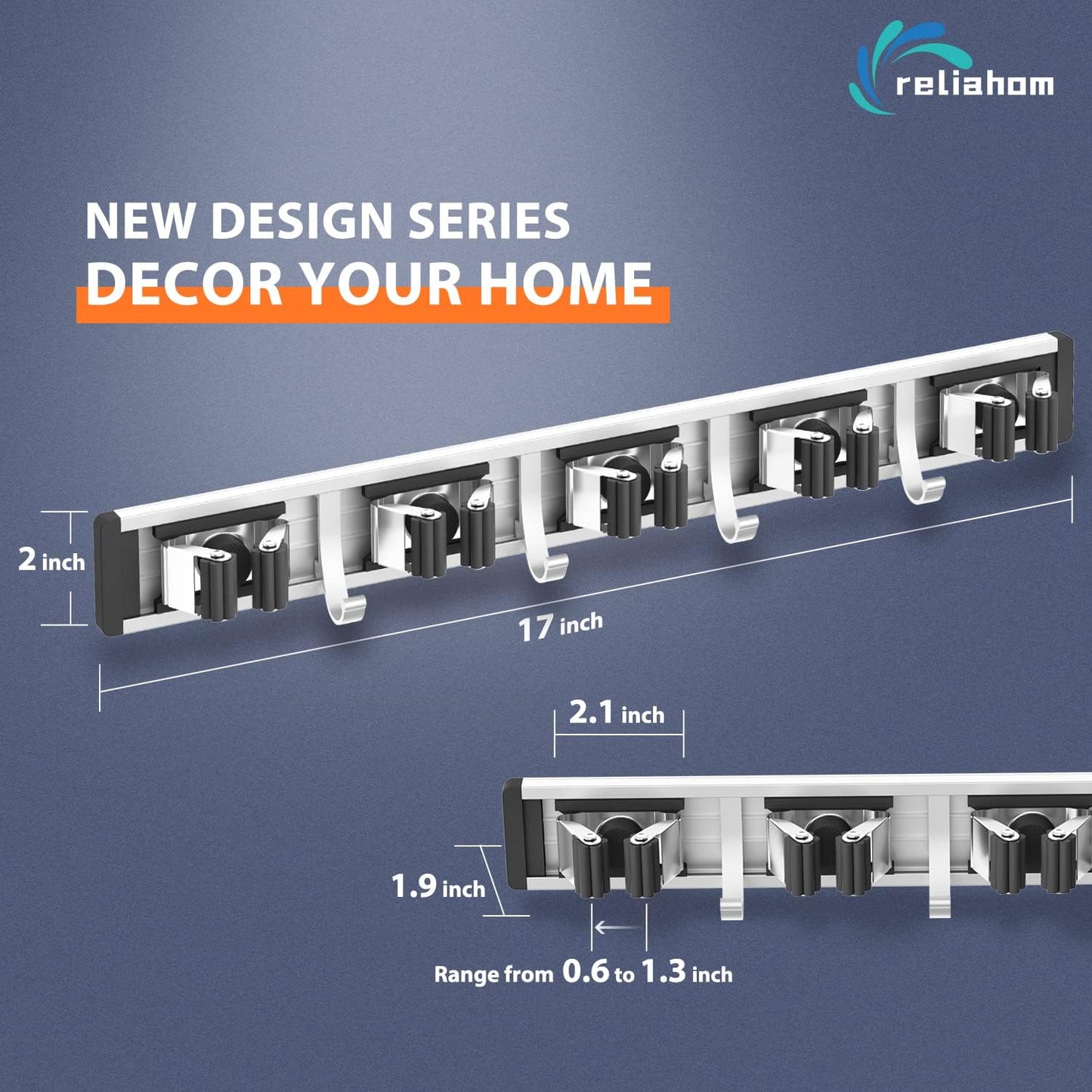 reliahom Adjustable Broom Holder Wall Mount, Mop Storage Tool Racks, Broom Hanger Tool Organizer for Garage, Kitchen, Garden, Laundry Room, 4 Racks 5 Hooks Silver