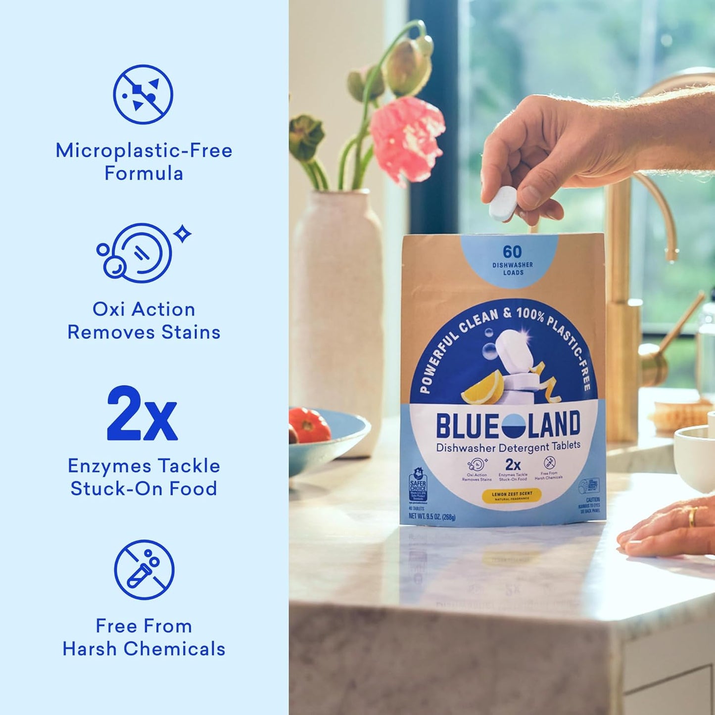 BLUELAND 100% Plastic-Free Dishwasher Detergent Tablets, 60 Count, Free & Clear, Eco-Friendly Dishwashing Pods, Natural, USDA Certified biobased